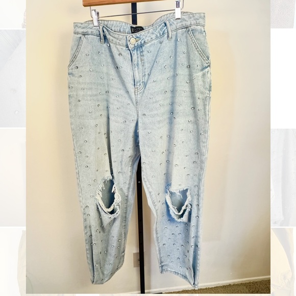 Eloquii High Waisted Bedazzled Distressed Light Blue Boyfriend Jeans - Picture 1 of 5